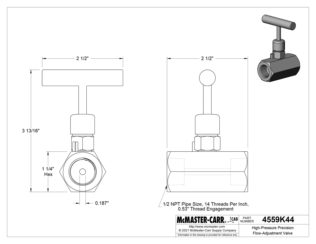 Technical Drawing of High-Pressure Precision Flow-Adjustment Valve, Bubble-Tight Soft Seat, 316 Stainless Steel Body, 1/2 NPT Female.